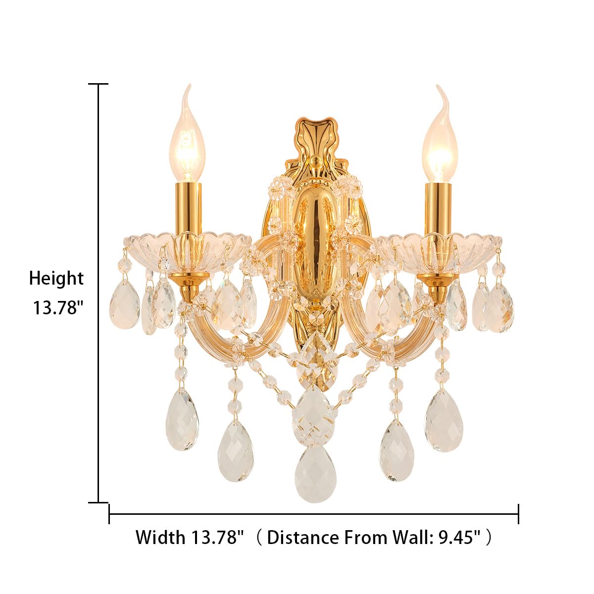 YLONG-ZS Gold Traditional Crystal Wall Sconce, 2-Light Candle Style Vanity Lamp, Ornate Metal Frame with Glass Trim Strips, Hardwired Vintage Fixture for Bathroom Bedroom, E12 Base