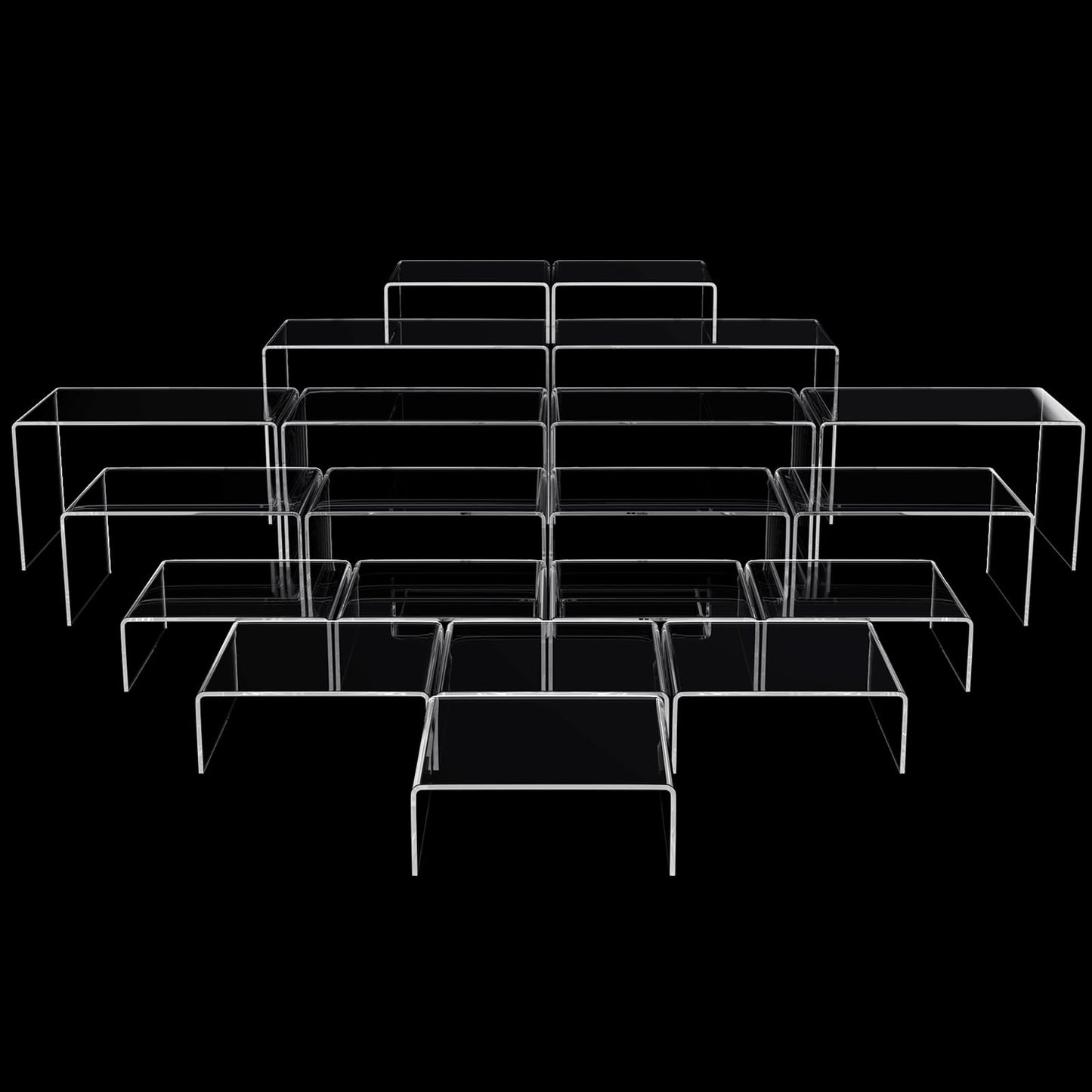 Chuangdi 20 Pcs Acrylic Display Risers, Clear Plastic Product Stand, Food Display Riser for Table Party Jewelry Shelf Decor for Figure Dessert Cupcake Candy Action Showcase(Clear,Super Large Set)