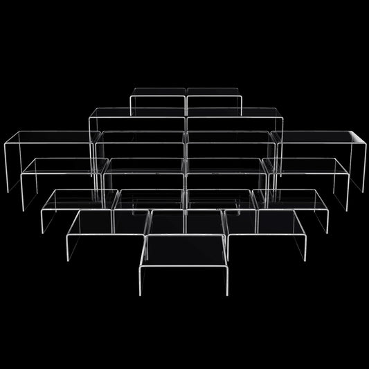 Chuangdi 20 Pcs Acrylic Display Risers, Clear Plastic Product Stand, Food Display Riser for Table Party Jewelry Shelf Decor for Figure Dessert Cupcake Candy Action Showcase(Clear,Super Large Set)