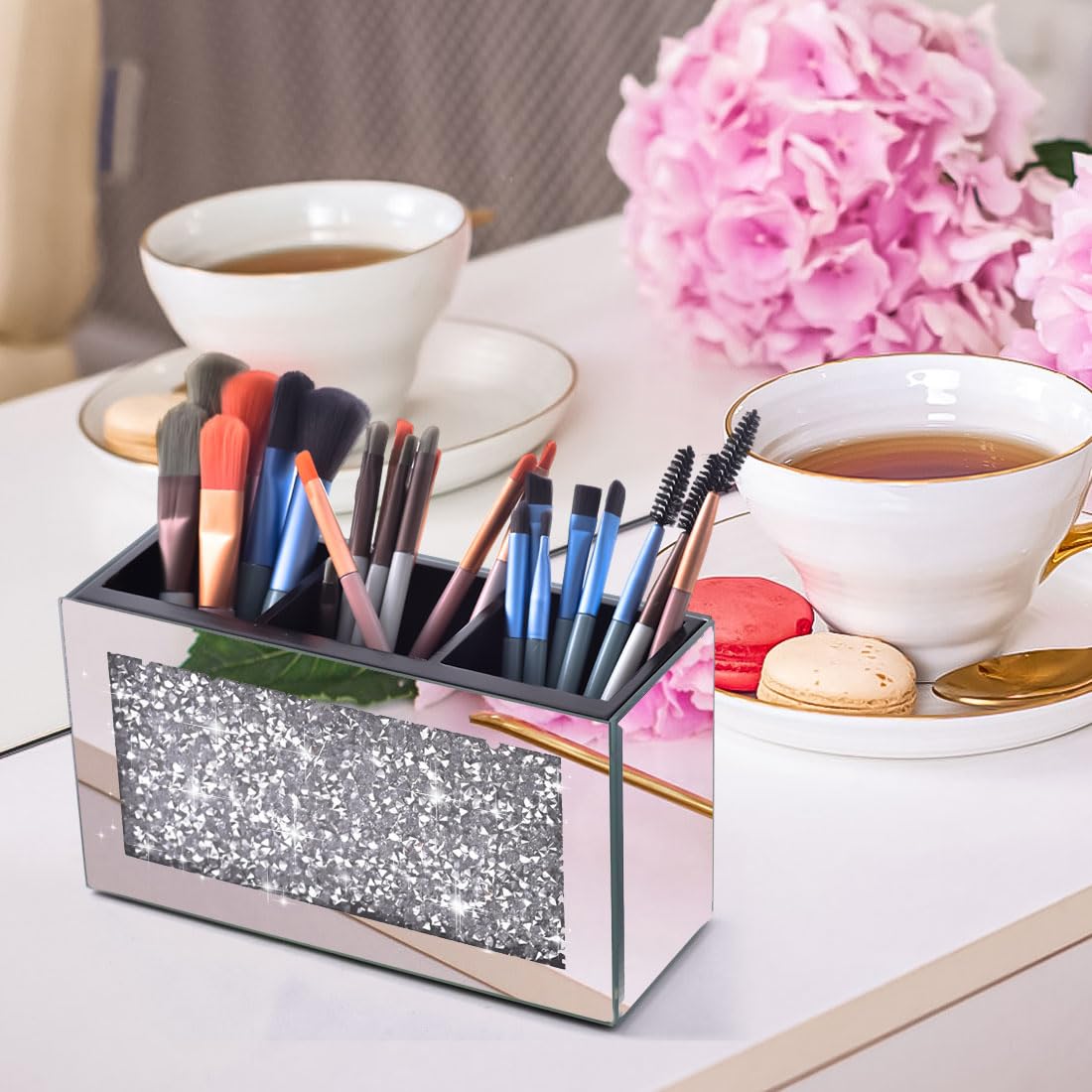 Amezey Crystal Crushed Diamond Silver Makeup Brush Holder Organizer, 3 Slot Mirrored Cosmetics Brushes Storage Case, Cute Pen and Pencil Glass Holder, Eyeliners Display Case