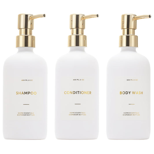 HOMCDALY Shampoo and Conditioner Dispenser, 21oz 3-Pack Refillable Pump Bottles, Shampoo Container, Empty Pump Bottle, Bathroom Shower Dispenser（21oz-White&Gold）
