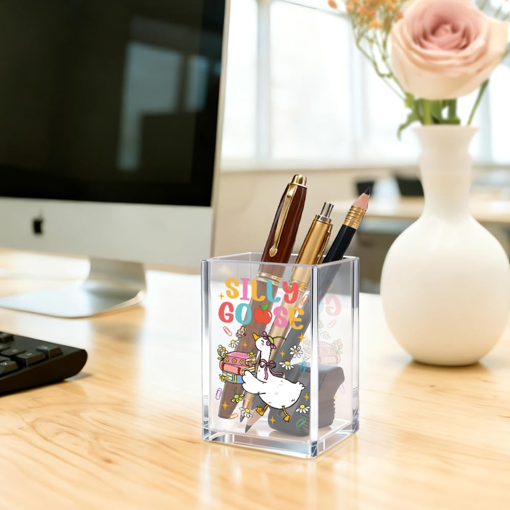 Mhfpl Silly Goose Acrylic Cosmetic Pencil Pen Holder Cup, Cute Goose Theme Gifts for Mom Grandma Aunt Daughter Sister Niece Friend BFF Makeup Artist Lover, Humor Office Gifts for Coworker Boss Leader