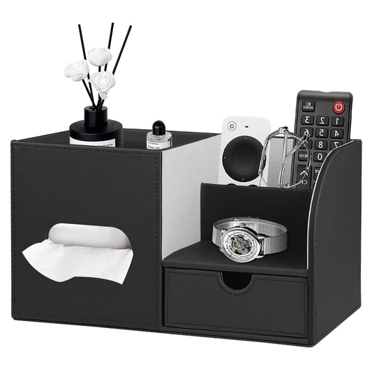 Leather Nightstand Organizer with Tissue Holder,Square Tissue Box Cover with Organizer, Decorative Modern Facial Paper Storage Box for Bathroom Living Room Vanity Table Countertop Office Black