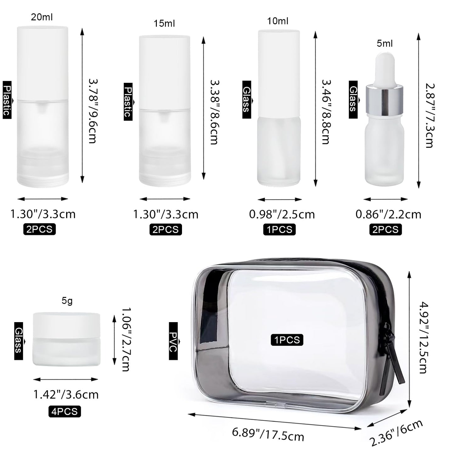 Travel Bottles for Toiletries,14pcs,Toiletry Bag,Airless Pump Bottles,Dropper Bottles,glass jars,Spray bottle,Leak Proof&Refillable,TSA Approved