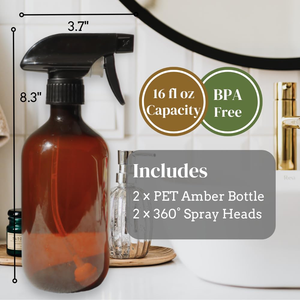 The Green Alcove 360° Heavy Duty Spray Bottle 16oz (2 Pack) | Upside Down Spray Bottles | All Purpose Plastic Amber Spray Bottles