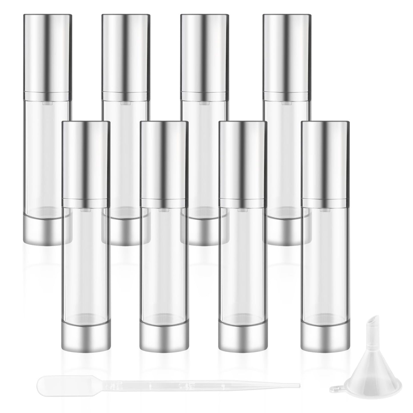 DynnnDy 50ml/1.7oz Empty Airless Pump Bottles with Silver Pump Head 8 Pcs Plastic Vacuum Bottle Refillable Cosmetic Containers for Lotion Cream Foundation,1Funnel & 1 Pipette