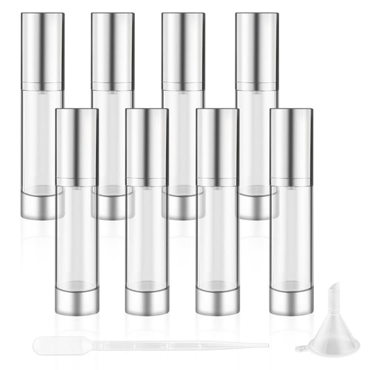 DynnnDy 50ml/1.7oz Empty Airless Pump Bottles with Silver Pump Head 8 Pcs Plastic Vacuum Bottle Refillable Cosmetic Containers for Lotion Cream Foundation,1Funnel & 1 Pipette