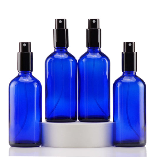 YIZHAO Blue Glass Spray Bottles 4oz, with Small Fine Mist Spray, Metal Cap, Refillable for Essential Oil,Travel,Cleaning,Perfume,Aromatherapy,Makeup – 4 Pcs