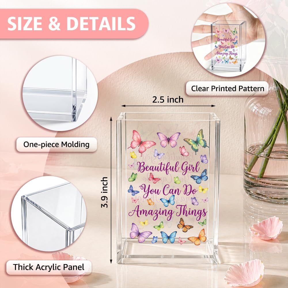 Xiahde Beautiful Girl You Can Do Amazing Things Acrylic Pencil Holder Cup, Inspirational Makeup Brush Organizer Gifts, Butterfly Encourage Gifts for Women Sister Daughter, Bathroom Vanity Organizer
