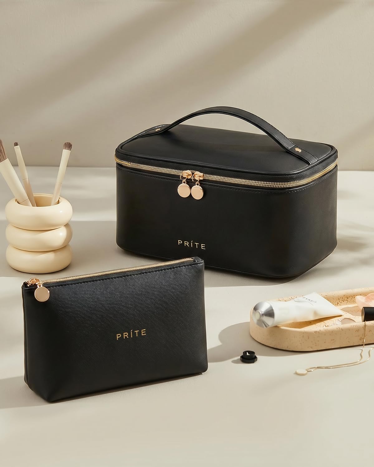 Prite Makeup Bag, Large Capacity Cosmetic Bag for Women and Girls, Waterproof PU Leather Travel Makeup Case, Toiletry Organizer with Handle and Divider for Skincare and Brushes - Black Set