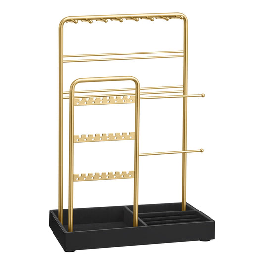 SONGMICS Jewelry Holder, Jewelry Organizer Display Stand with Metal Frame, Velvet Tray, Necklace Earring Bracelet Holder, for Studs, Rings, Gift Idea, Pale Gold and Ink Black UJJS021AB02