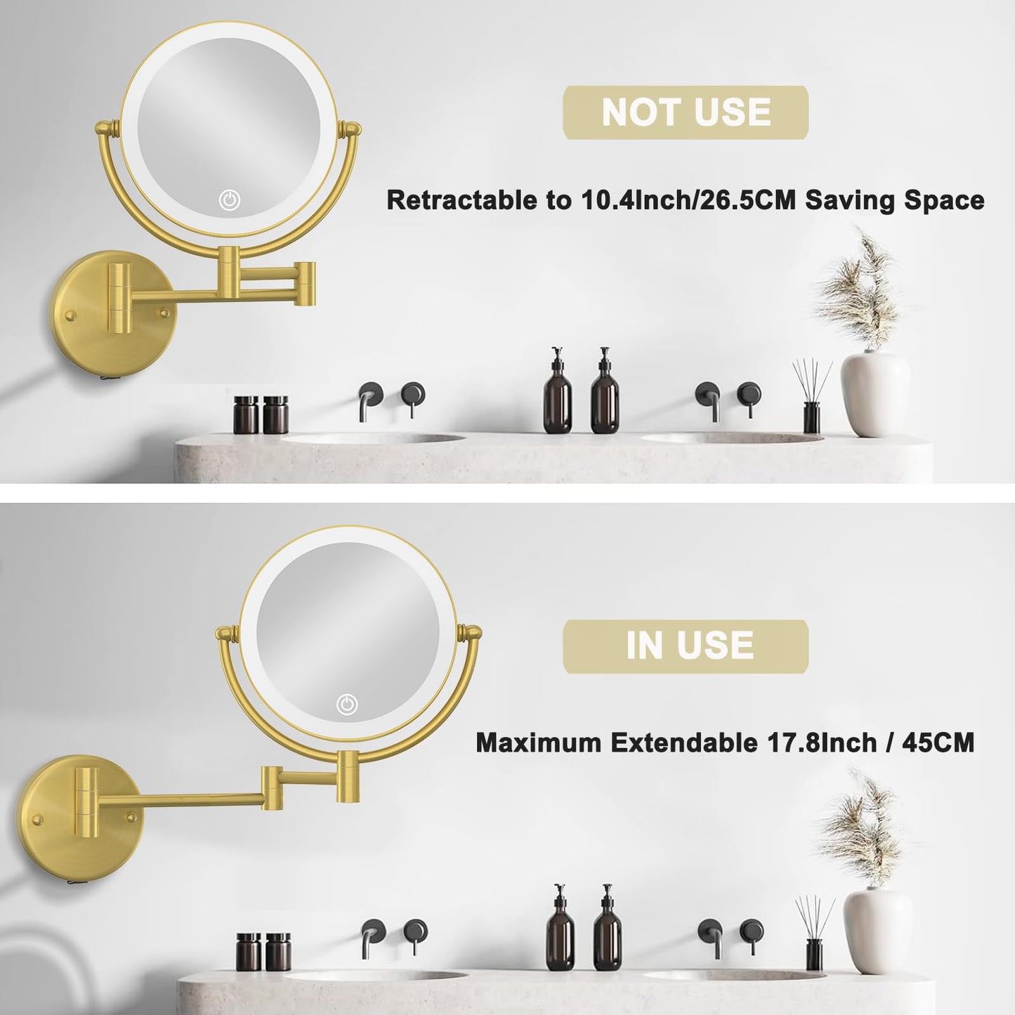 Rechargeable Wall Mounted Lighted Makeup Mirror with Magnification Gold, 8 Inch 1X/10X Magnifying Two Sided Led with Lights, 360 Swivel Extendable Shaving Mirror for Bathroom, Brushed Gold