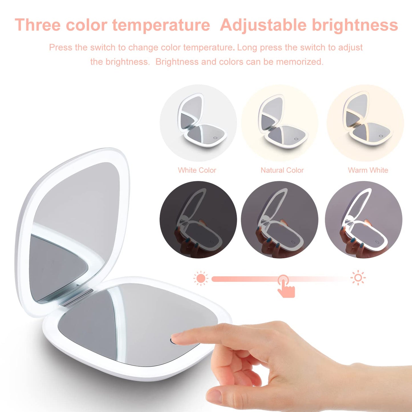 Mocado Compact LED Magnifying Travel Makeup-Mirror - 4 inches 1X/10X Magnification Small Hand Pocket Dimmable Double Sided USB Rechargeable Touch Screen, Portable Tabletop Cosmetic (White)
