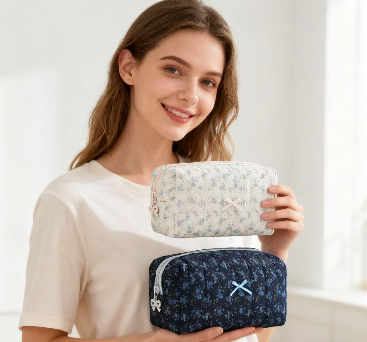 2 Pack Puffy Quilted Makeup Bag Set,Floral Quilted Makeup Pouch,Coquette Cotton Toiletry Bag for Travel Women Girl, Flower Cute Pouch Travel Toiletry Bags,Aesthetic Travel Cosmetic Bags
