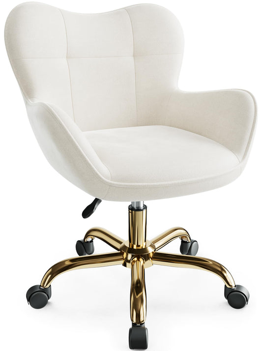 BestEra Vanity Chair with Wheels, Cute Home Office Desk Chairs Adjustable Height for Living Bedroom, Small Modern Fluffy Velvet Makeup Chair with Back for Girls (White)