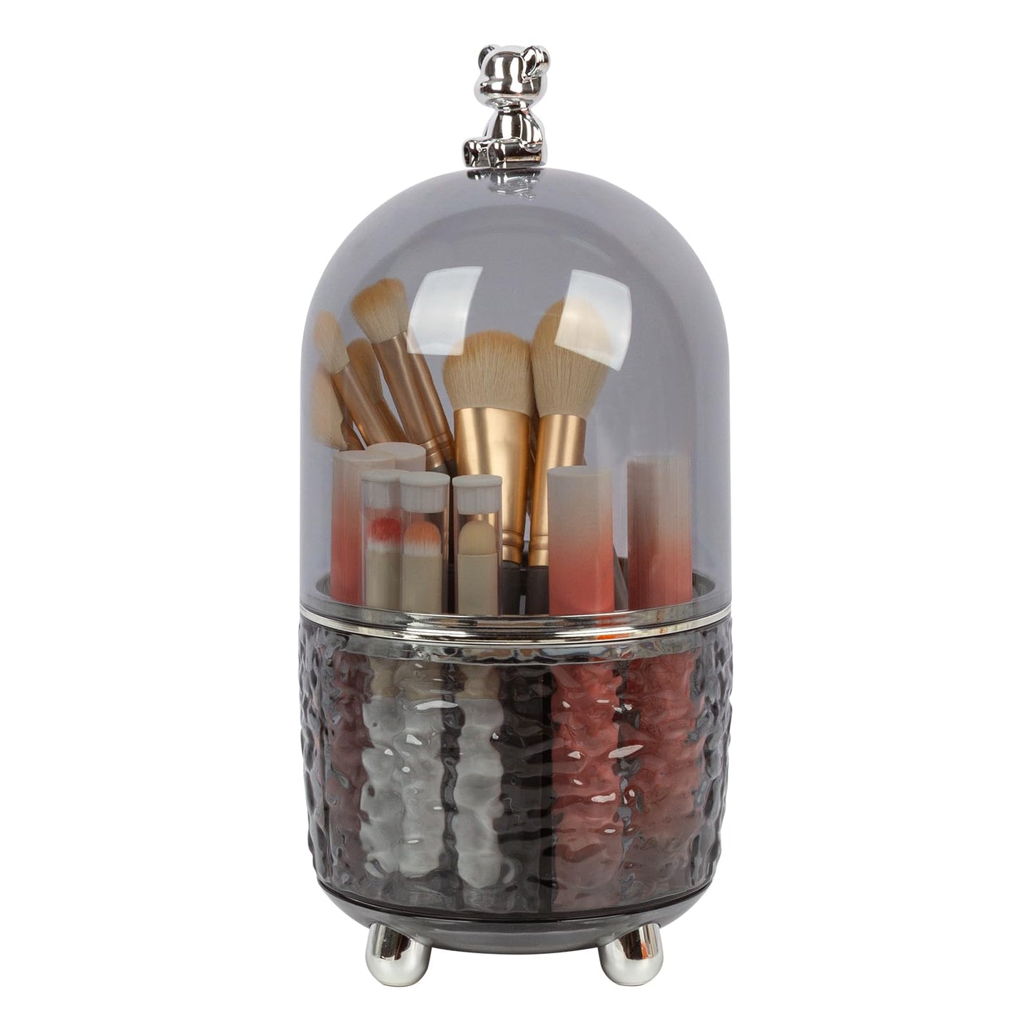 Dezzer Makeup Brush Holder with Lid, 360 Rotating Dustproof Make Up Organizers, 6 Slot Make up Brush Holder for Vanity Bathroom Countertop Office, Gray