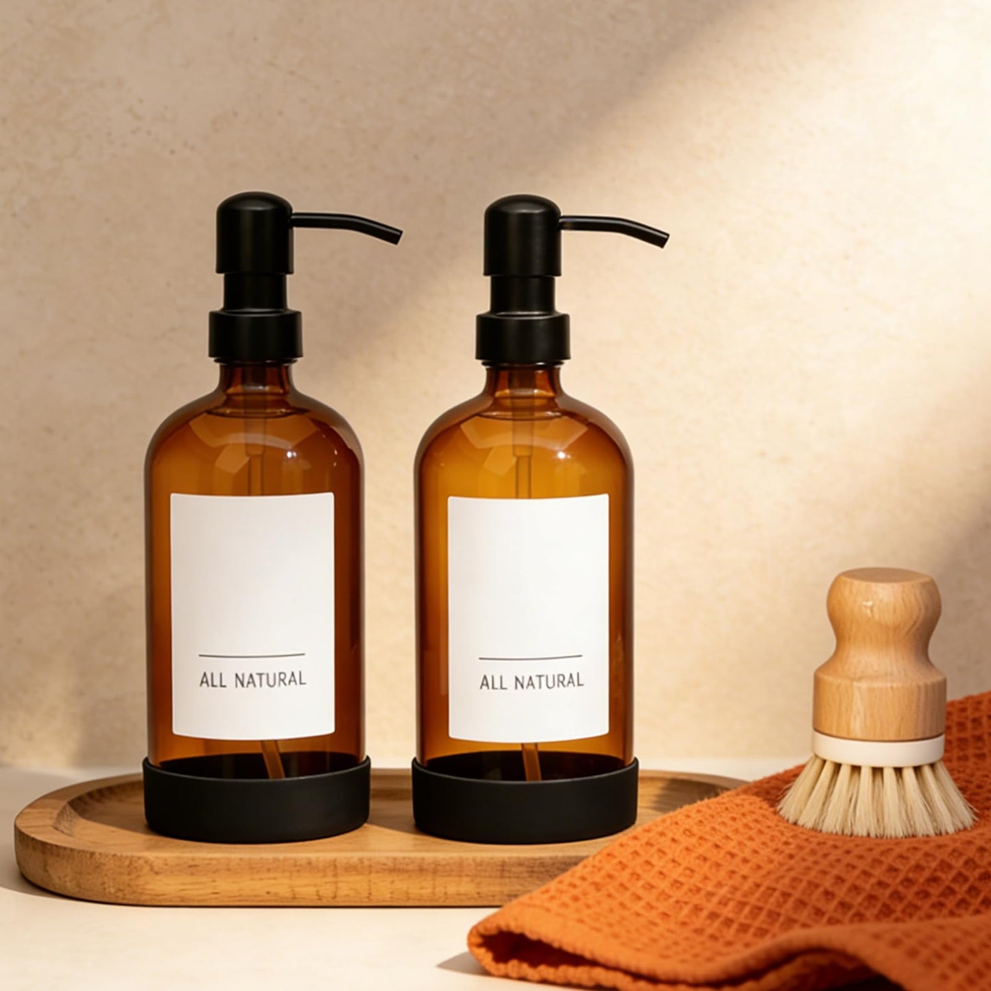 16oz Amber Glass Soap Dispenser Set of 4,Brown Glass Pump Bottles for Bathroom Kitchen,Bathroom Kitchen Hand and Dish Soap Dispenser Set,Modern Brown Soap Dispensers Bottles