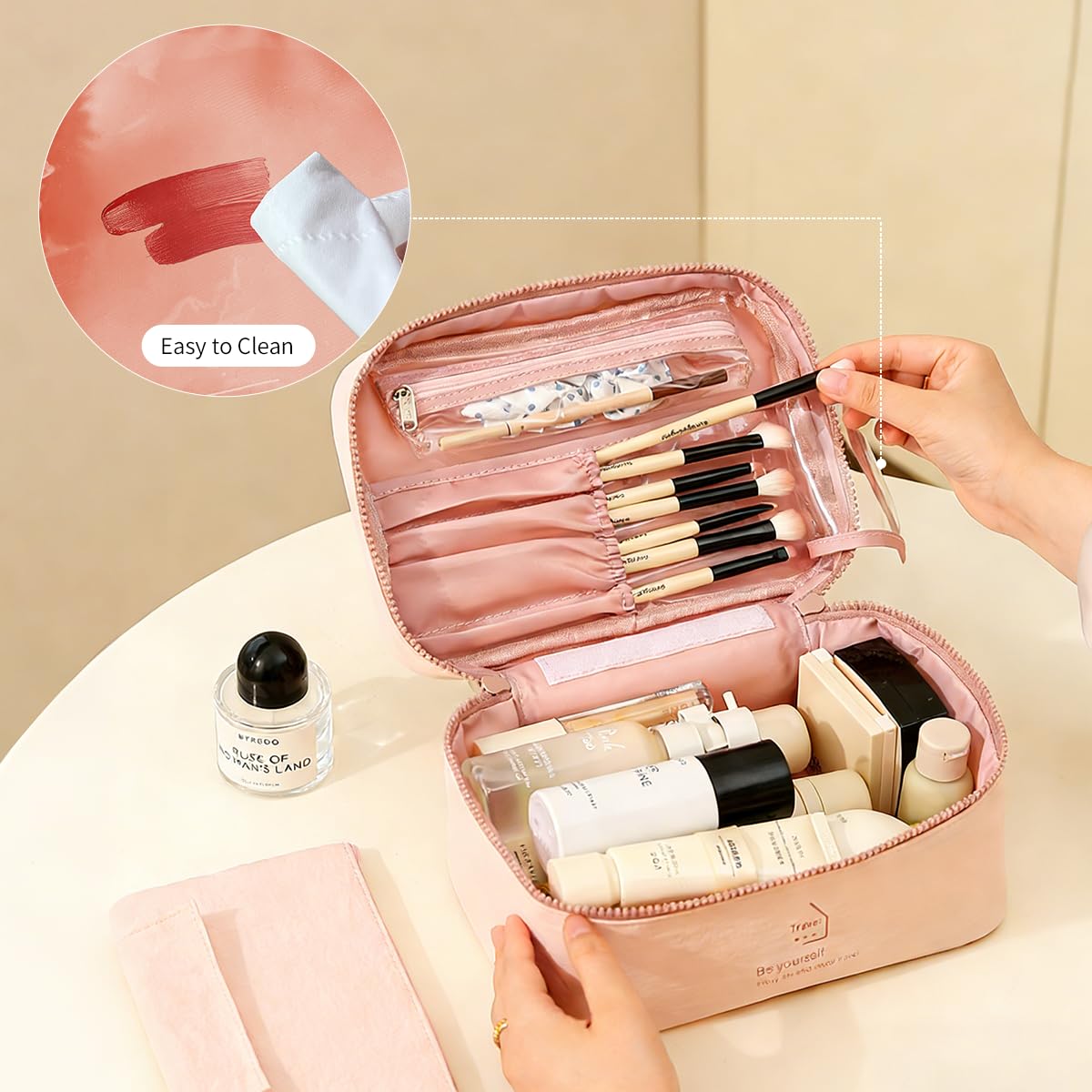 PLOPONOM Makeup Bag Large Capacity Travel Toiletry Bag,Double zipper Cosmetic Bag with Handle,Pink Women's Travel Makeup Organizer,Cute Lightweight Makeup Pouch,Portable Skincare Storage Bag