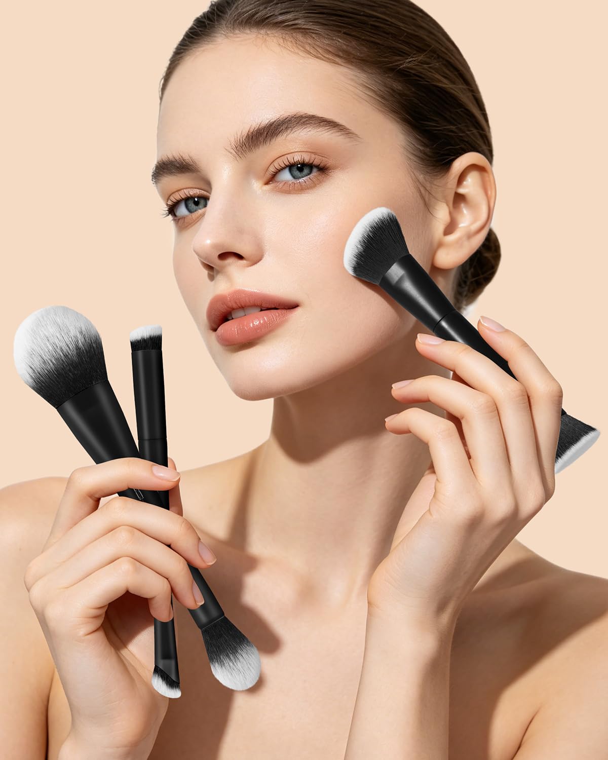 EIGSHOW Makeup Brush Set 3Pcs, Double Sided Foundation Contour Powder Highlight Concealer Brush for Liquid, Cream & Powder, Fit for Home, Travel & Gifting (Black)