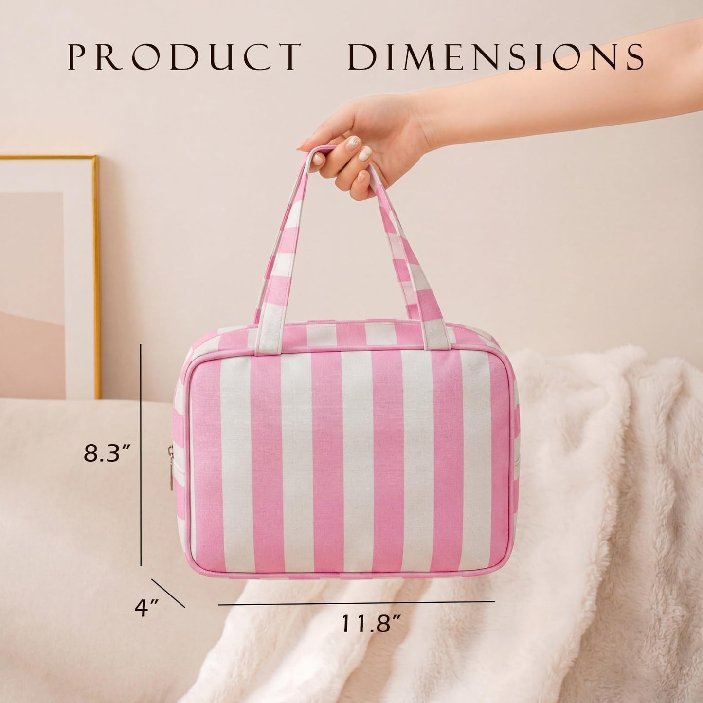 Lestikave Large Stripe Makeup Bag,Aesthetic Travel Cosmetic BagToiletry Bag with Zipper, Travel Organizer for Shampoo, Conditioner, Brushes Set,Makeup Case with Handle (01Pink&White)