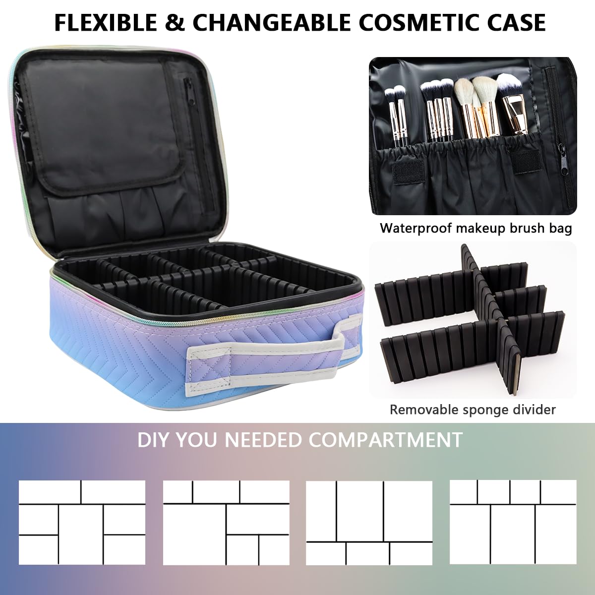 MORMID Travel Makeup Case 4 Layers Portable Makeup Train Case Cosmetic Bag Organizer Storage for Women with Adjustable Dividers and Shoulder Strap for Toiletry Travel Accessories(gradient purple)