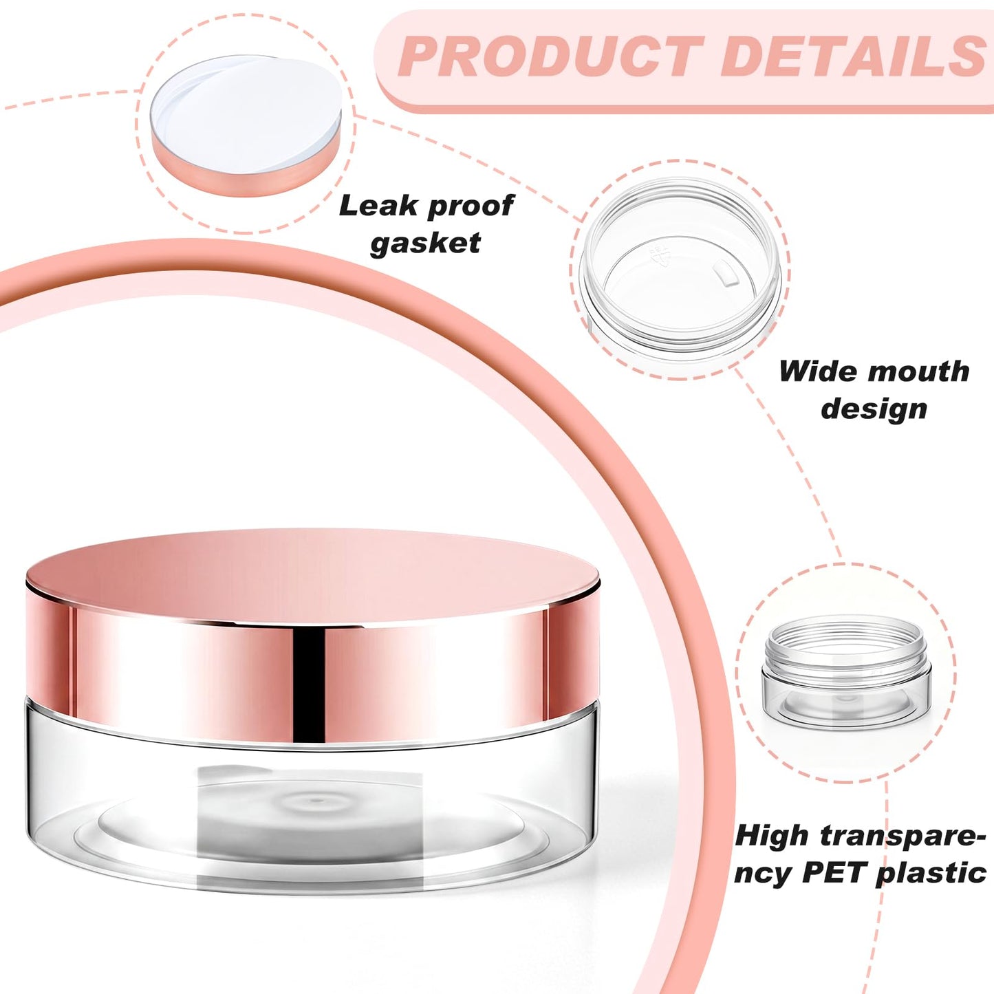 Dandat 24 Pcs 2 oz Clear Plastic Jars with Rose Gold Lids and Labels, Wide Mouth Cosmetic Sample Containers, Empty PET Pots for Cream, Body Butter, Balm, Salve, Gift Packaging, Travel, Beauty Projects