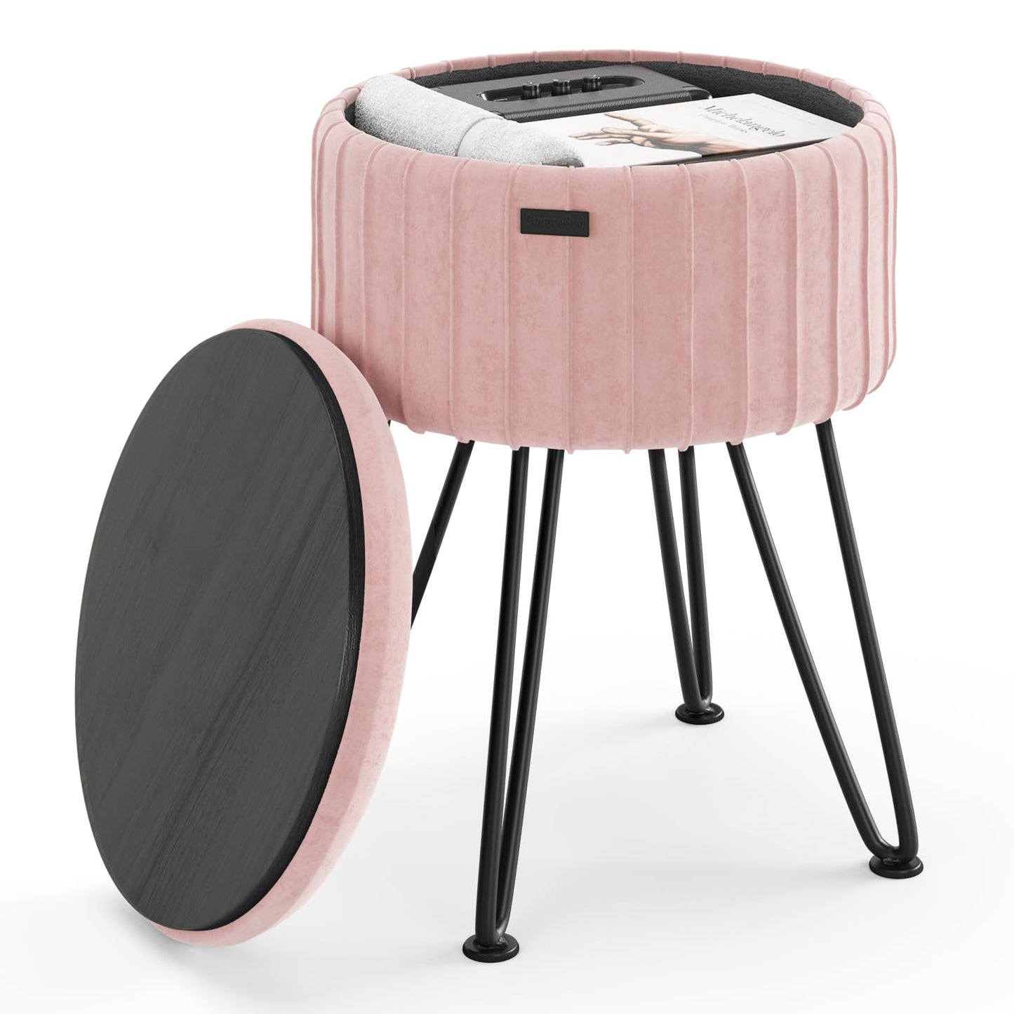 STORAGEBUD Round Ottoman with Storage, Pleated Velvet Storage Ottoman, Foot Stool Ottomans, Makeup Vanity Stool, Small Ottomans Foot Rest, Modern Vanity Stools for Living Room and Bedroom, Pink
