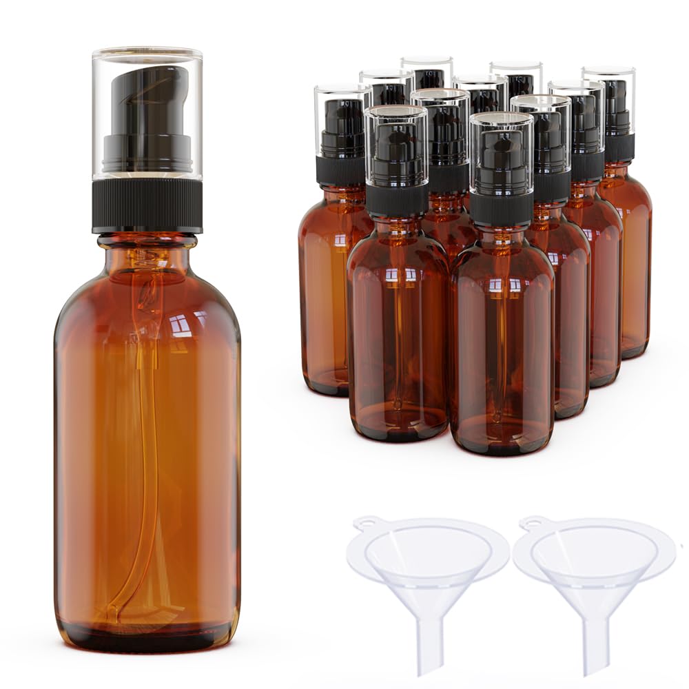 Jagolain 12Pack 2oz Amber Glass Pump Bottles, 60ml with Black Pump, Empty Refillable Travel Small Container For Lotion Cream Essentil Oil Shampoo (2oz)