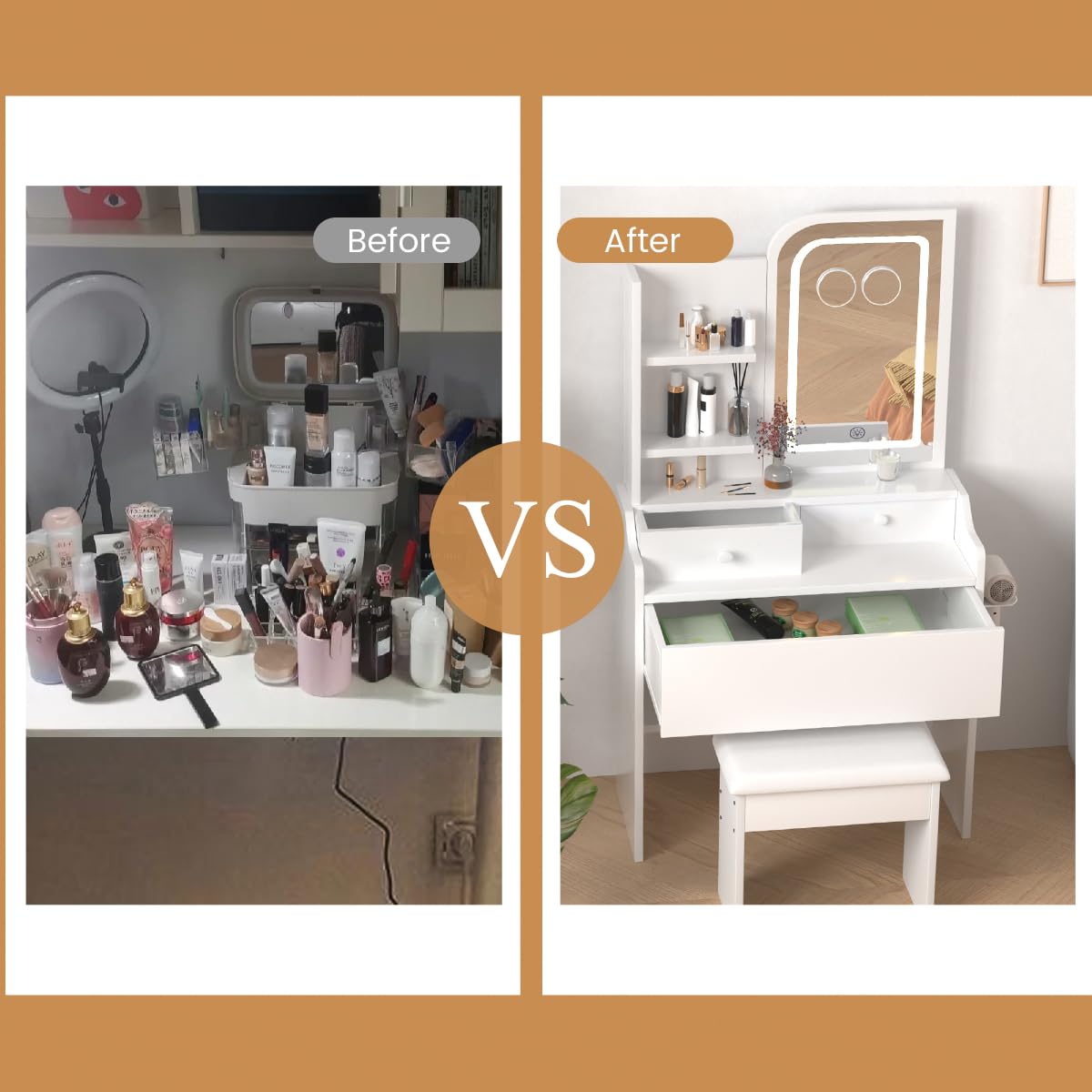 HOMEMORE Small Vanity Desk with Mirror and Lights, Makeup Vanity Desk with 3 Drawers & 3 Shelves, 2X & 5X Magnifying and Power Outlet, Dressing Table for Bedroom,White