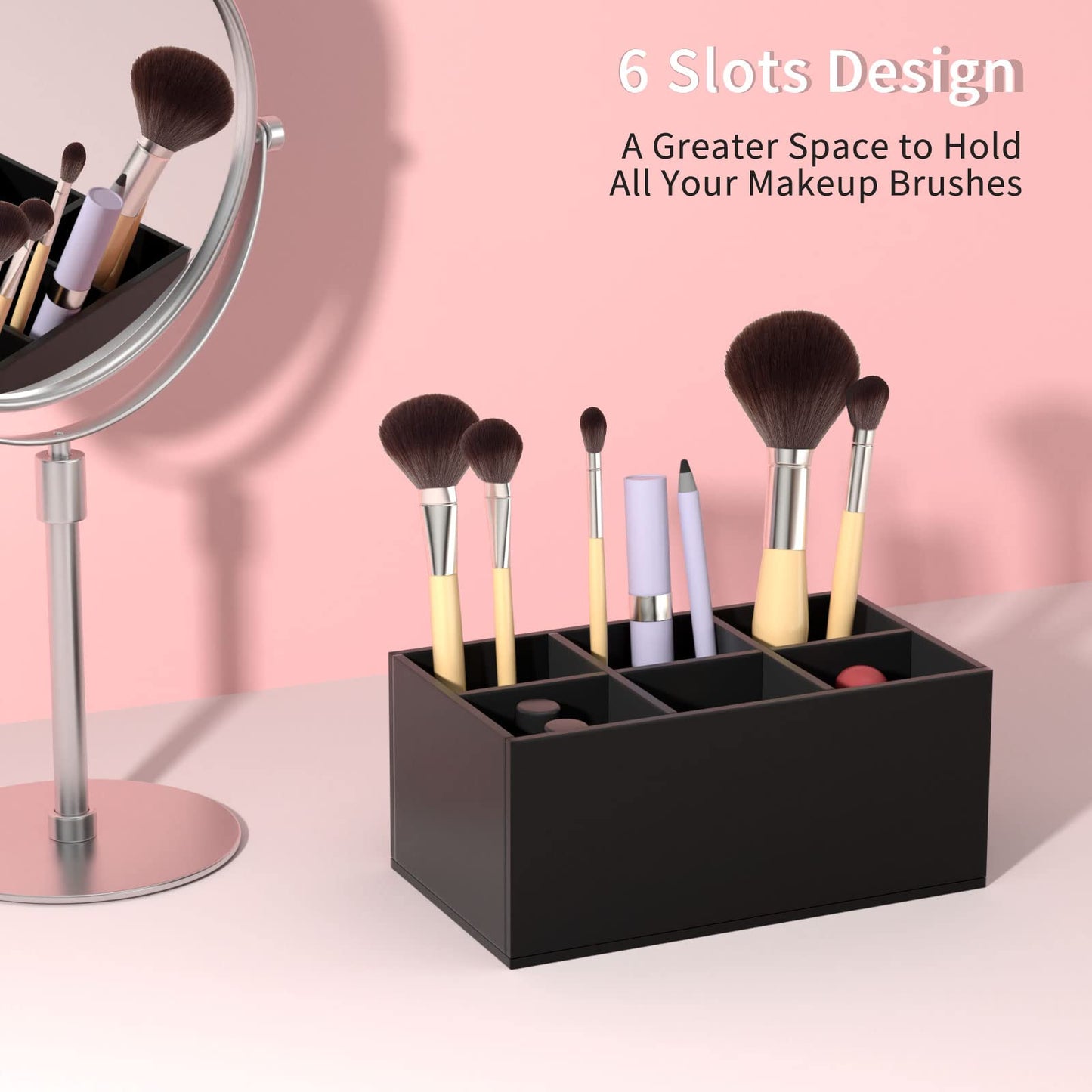 HIIMIEI Black Makeup Brush Holder Organizer Acrylic 6-Slots Cosmetic Brushes Storage Organizer for Vanity Countertop