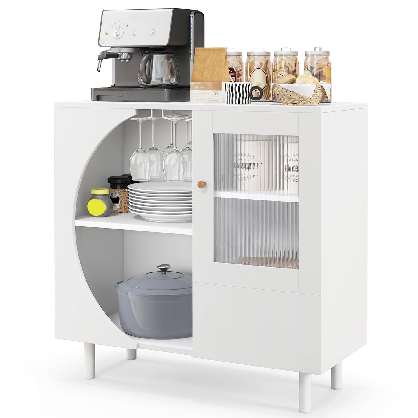 LOKO Buffet Cabinet with Storage, Wine Bar Cabinet with Glass Holder, Tempered Glass Door & Drawer, Modern Console Cabinet, Accent Floor Storage Cabinet for Kitchen, Living Room, White