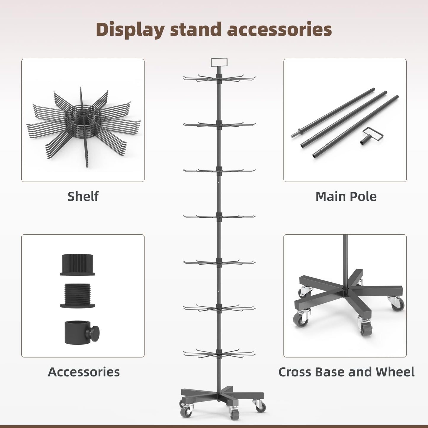YEOOE Upgraded Retail Display Stand 7 Tier Spinning Display Stand, Movable Shop Spinner Rack with Hooks, Retail Display Racks for Jewelry Keyring Hats Socks Toys (Black)