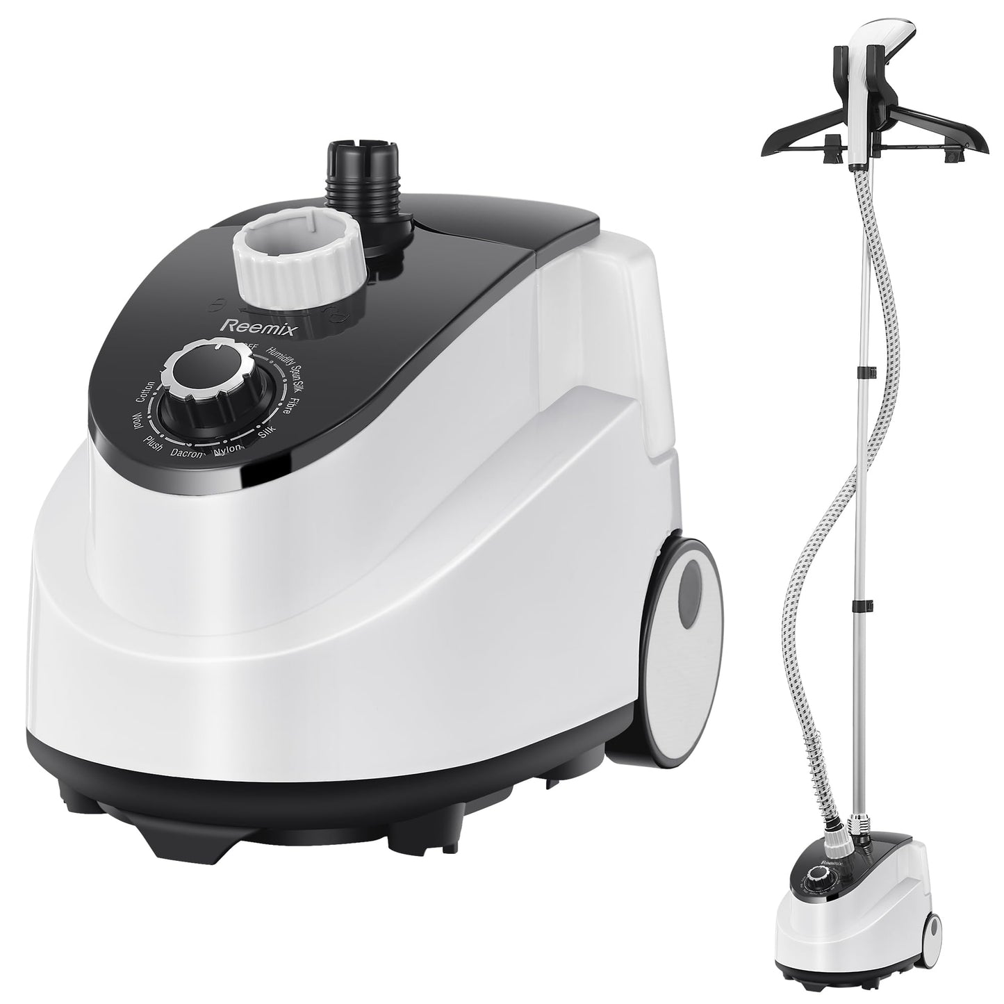 Professional Steamer for Clothes, Reemix Standing Steamer with Garment Hanger, Heats in 30 Seconds, Large Detachable Water Tank for 1 Hour Continuous Steaming, Includes Easy-roll Wheels, White