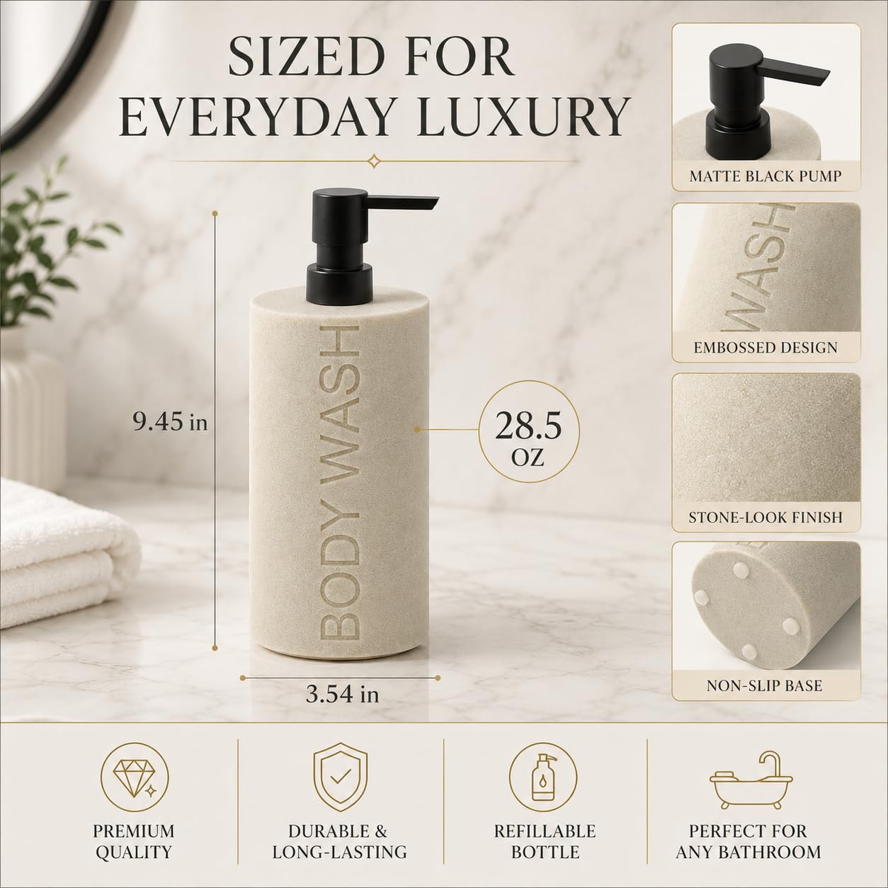 Indecor Home Resin Tan Sandstone Body Wash Engraved Bottle Refillable Pump Dispenser, Durable Waterproof Resin Construction for Bath, Shower - Tan Sandstone, ORB Pump