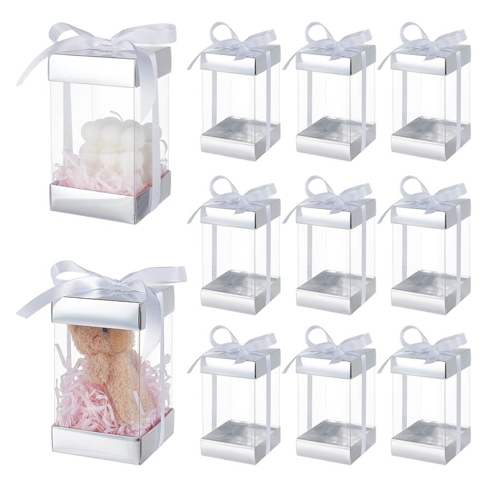 BENECREAT 10Pcs Clear Plastic Gift Box with Silver Paper Lid, Rectangle Gift Packaging Boxes with Polyester Ribbon for Birthdays, Weddings and Christmas, 3.2x3.2x5.7inch