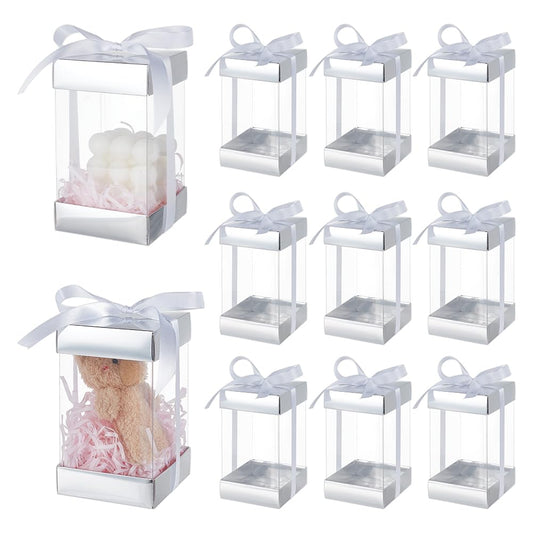 BENECREAT 10Pcs Clear Plastic Gift Box with Silver Paper Lid, Rectangle Gift Packaging Boxes with Polyester Ribbon for Birthdays, Weddings and Christmas, 3.2x3.2x5.7inch