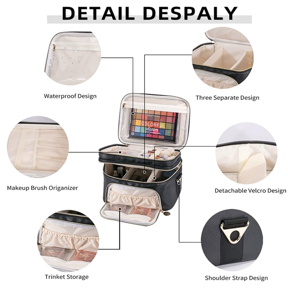 Mgiflw Extral Large Makeup Bag for Women,Double Layer Travel Cosmetic Organizer Case,Skin Care Essentials Toiletries Bags with Shoulder Strap Waterproof Brush Storage with Removable Dividers