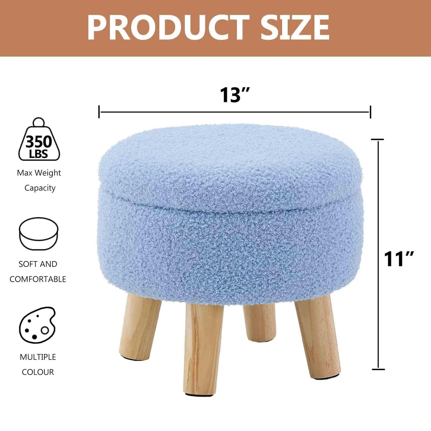 Wimarsbon Storage Ottoman, Modern Round Footrest with Soft Padded Seat, Teddy Velvet Footstool with Wood Legs, Accent Small Table or Plant Stand for Hallway, Living Room (Blue)