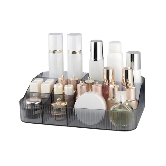 DASITON Large Capacity Makeup Brush Holder, 7 Slot Makeup Brush Cup, Vintage Striped Make Up Brush Holder, Makeup Tray Organizer for Vanity Decor, Bathroom Countertops, Desk Storage Container (Grey)