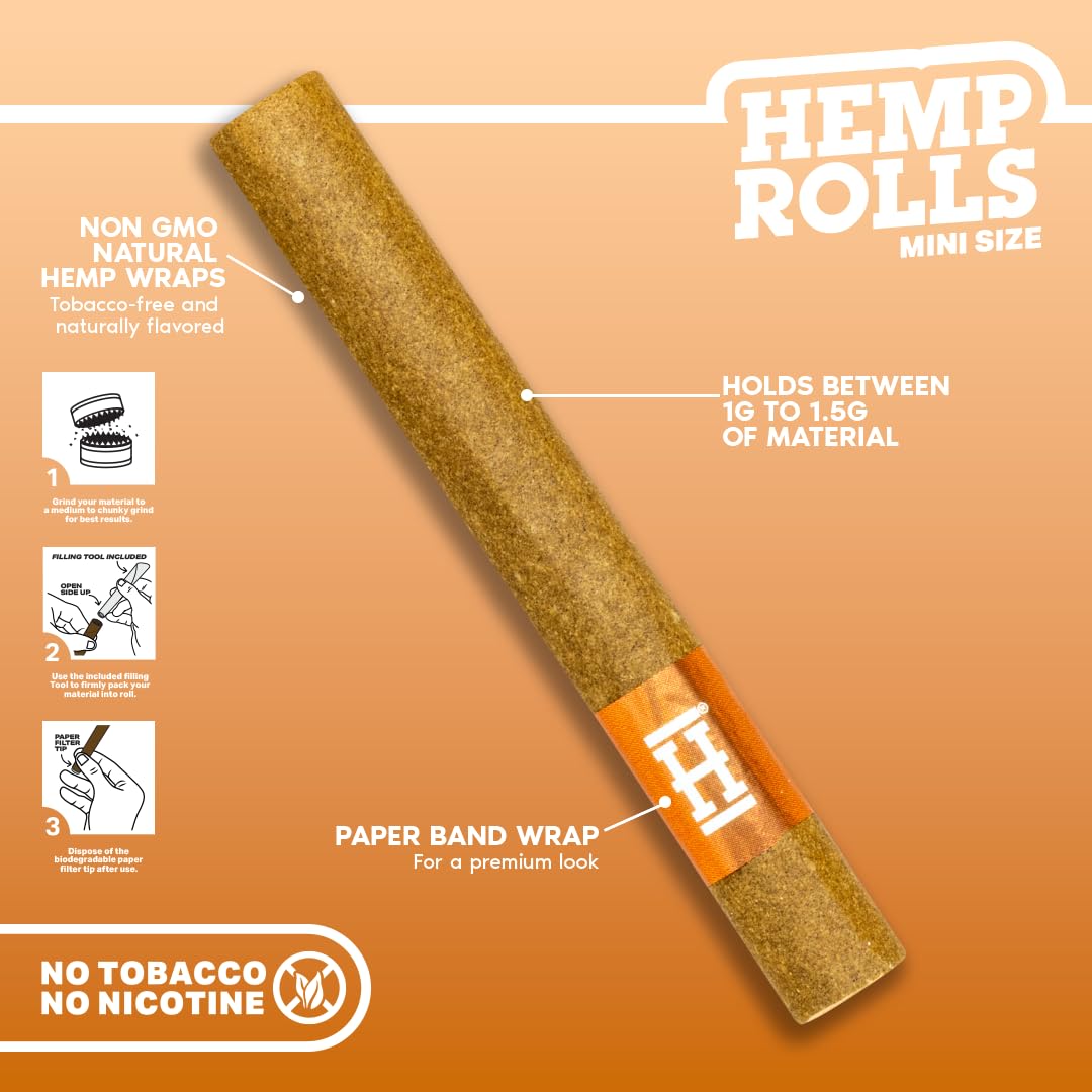 Hemper Mini Size Pre-Rolled Hemp Rolls with Paper Tips - 4PK | 12ct Display | Hand-Rolled, Natural Hemp Paper Rolls in Protective Case for Smooth, Clean Burn and Freshness - (Mango)