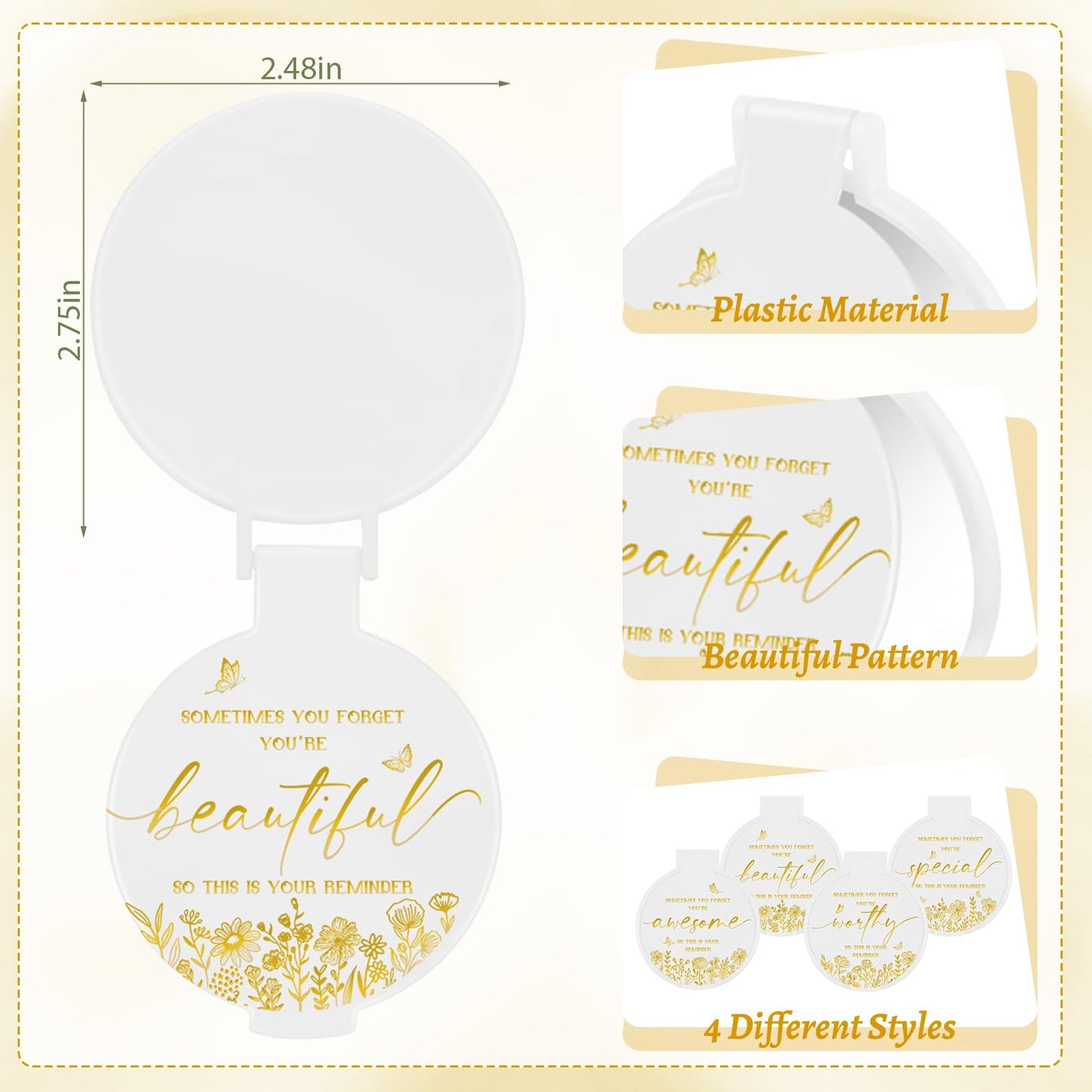 HSDSH 100 Pcs Inspirational Compact Mirror Bulk Small Pocket Mirror Purse Round Portable Folding Makeup Mirror Thanksgiving for Women Coworker Employee Teacher(White)