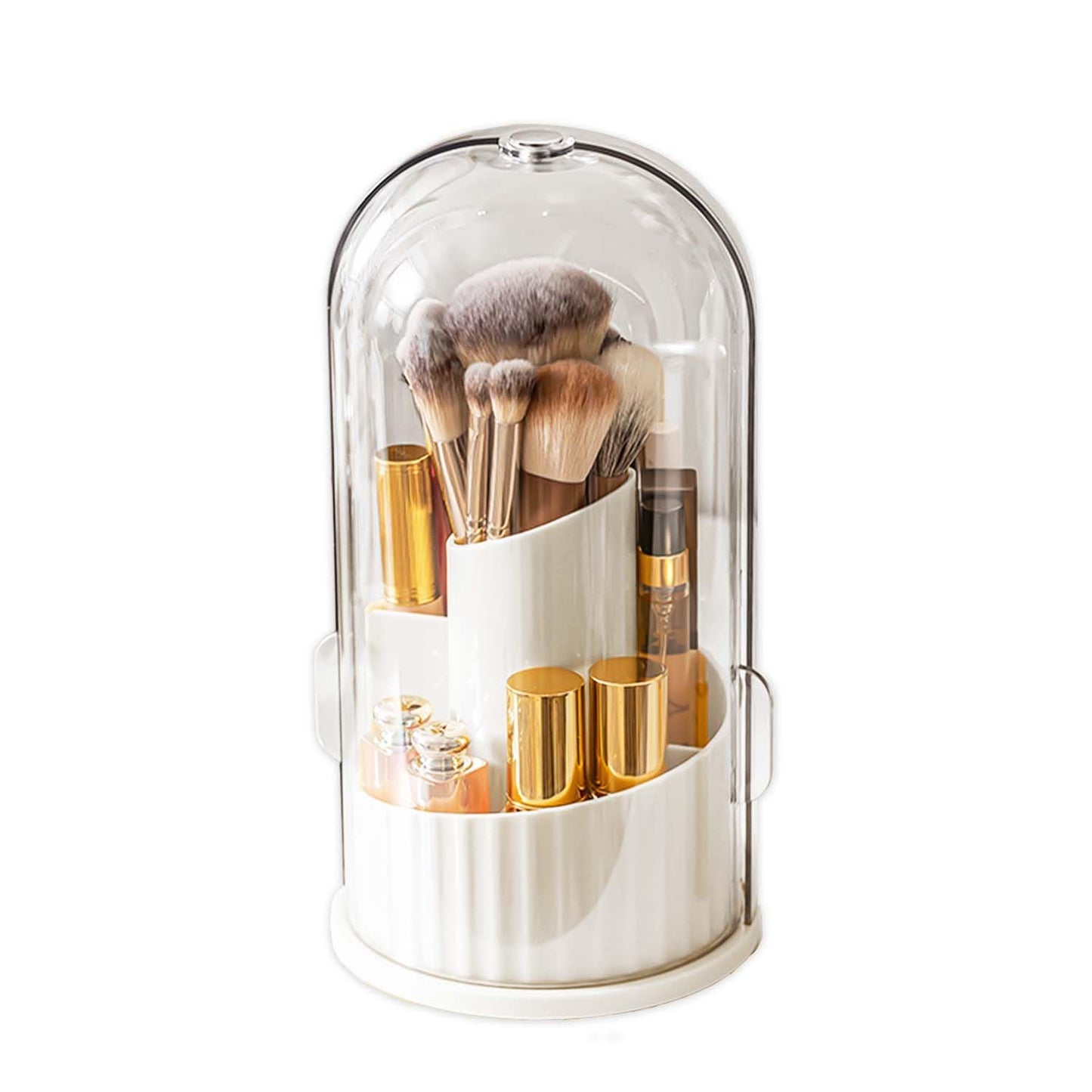 JHFart Makeup Brush Holder Organizer with Lid, 360 Rotating Dustproof Transparent Makeup Brushes Organizer for Vanity Dresser Bathroom Countertop(White with Clear Cover)