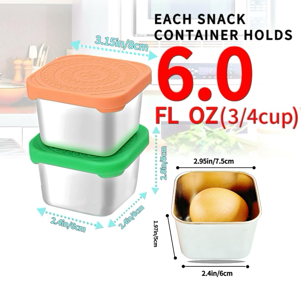HTEVW 6 Pack Stainless Steel Snack Containers for Kids, 6 oz Toddler Snack Containers with Silicone Lids, Reusable Leak Resistant Food Containers for School Lunch, Daycare, Travel & Portion Control