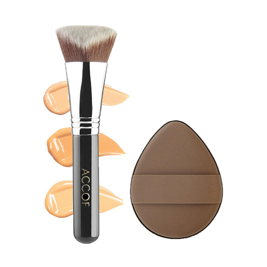 ACCOF Angled Kabuki Foundation Brush 1.38 Inch, Dense Professional Foundation Makeup Brush For Liquild,Cream,Powder,Blush,Buffing & Blending, Contouring Makeup Brush with Foundatin Puff