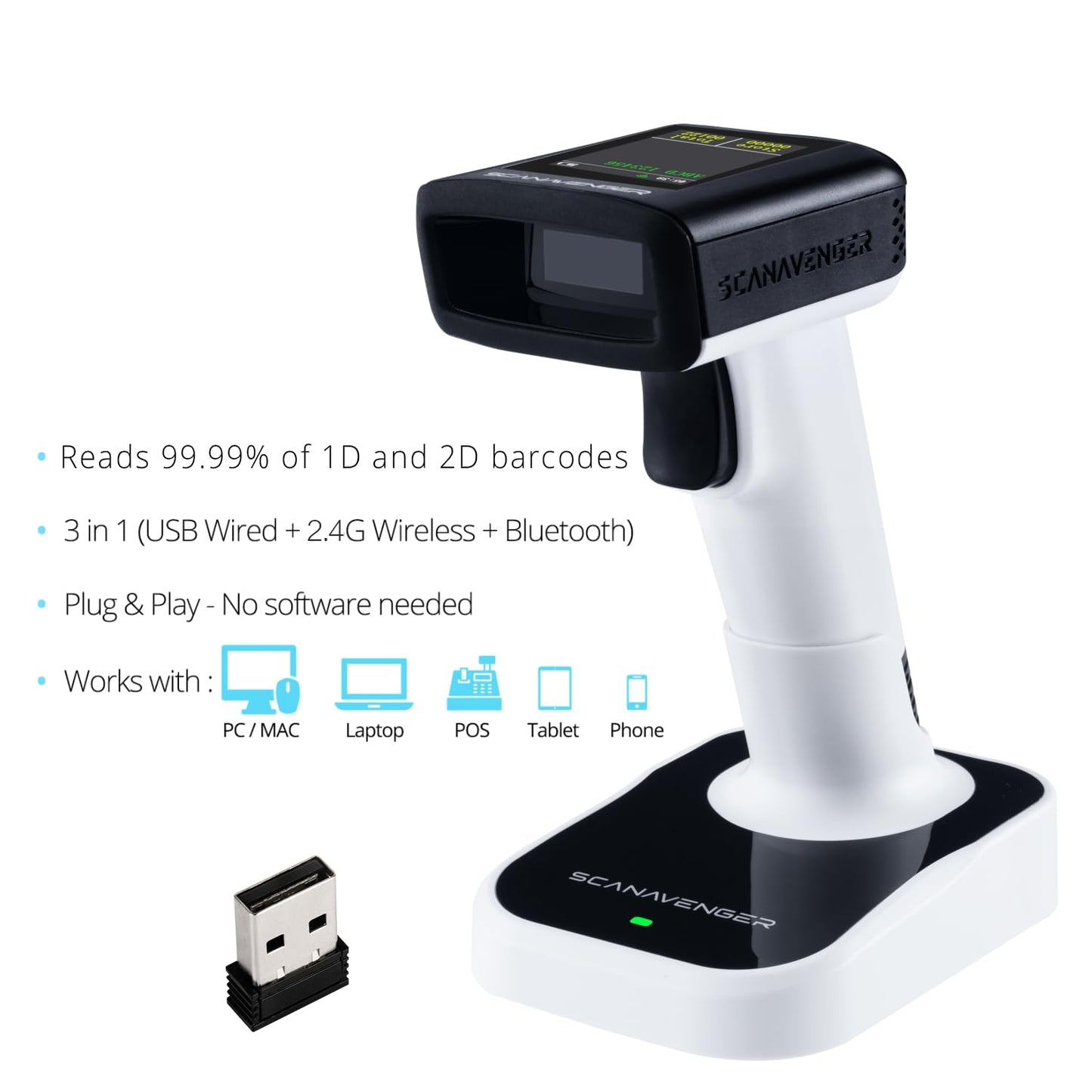 ScanAvenger Wireless Portable 1D with Stand Bluetooth Barcode Scanner: Hand Scanner 3-in-1, Cordless, Rechargeable Scan Gun for Inventory (1D&2D with LCD Display and Upgraded Next Gen Stand)