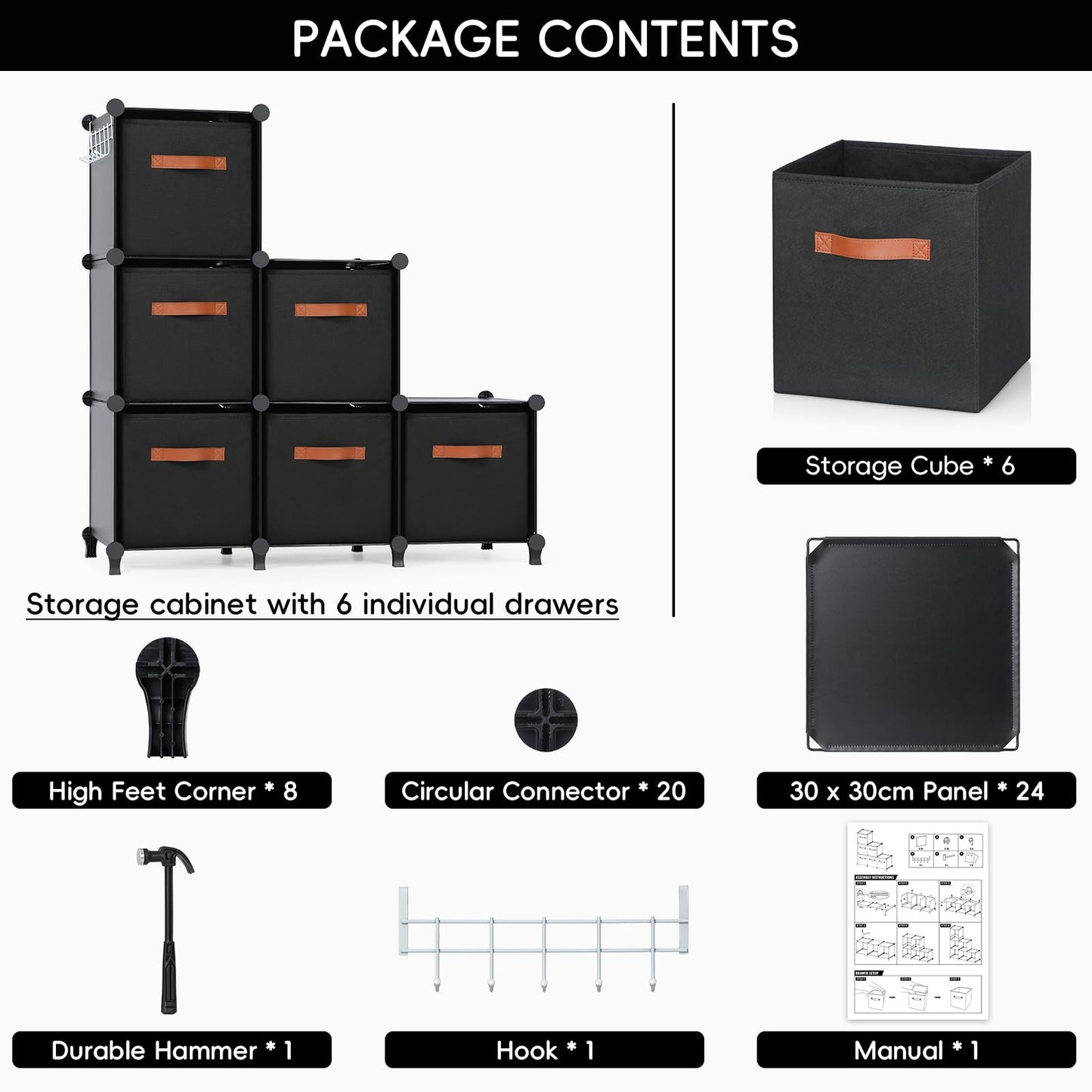 Snuvid Cube Storage Organizer with Storage Bins, 6-Cube Shelves Units with 6 Organizer Bins, DIY Plastic Storage Shelves with Mallet, Closet Clothes Storage Shelves for Home, Bedroom, Living Room