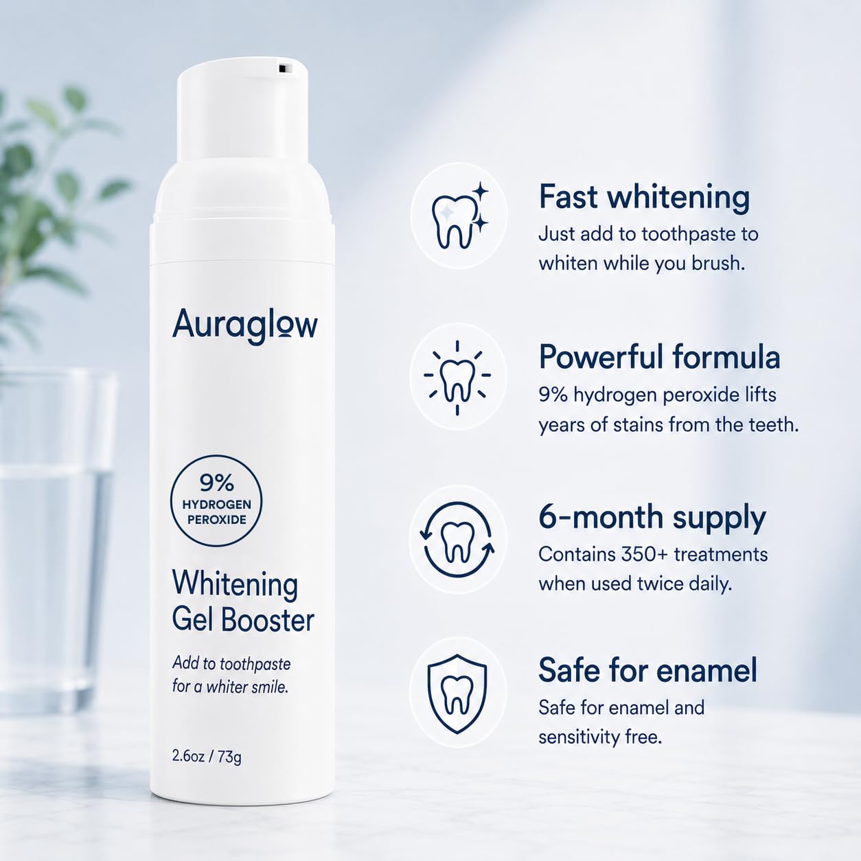 Auraglow Teeth Whitening Gel for Toothpaste, 9% Hydrogen Peroxide, Add to Toothpaste to Whiten, 350+ Whitening Treatments, Removes Coffee Wine Tea Stains, No Trays or Strips, Made in USA, 2.6oz