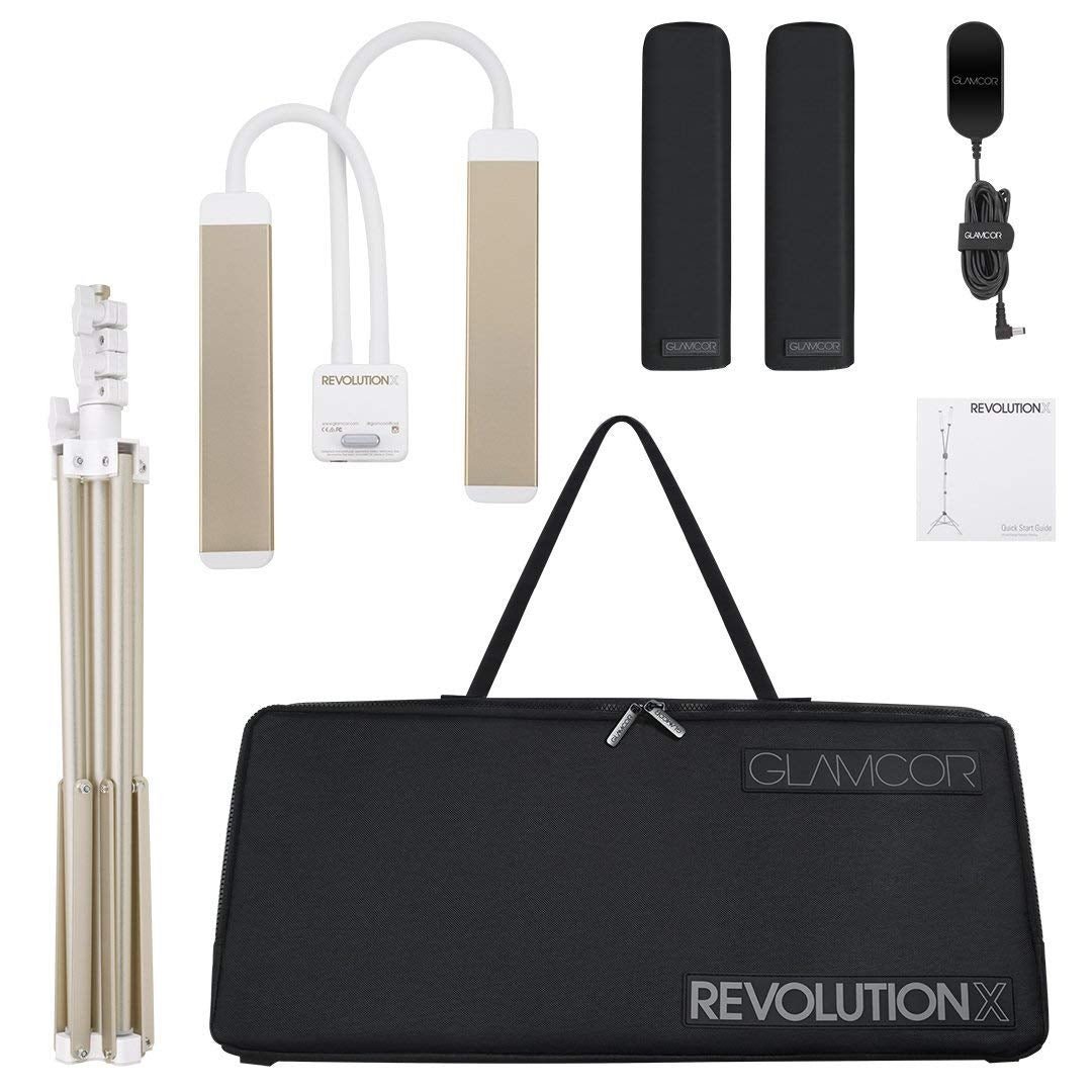 GLAMCOR Revolution X Portable LED Lighting Kit for Beauty and Skincare | HD 5600K Lighting | Dual-Length arms for Precise Positioning (White/Gold)