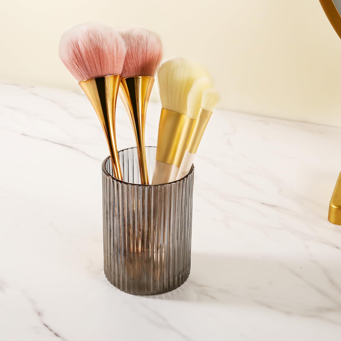 DASITON Makeup Brush Holder Organizer, Crystal Cosmetic Makeup Brushes Storage Holder, Glass Make Up Brush Holder, Vintage Striped Make Up Cup Desk Pen Pencil Holder, Toothbrush Holders (Gray S)