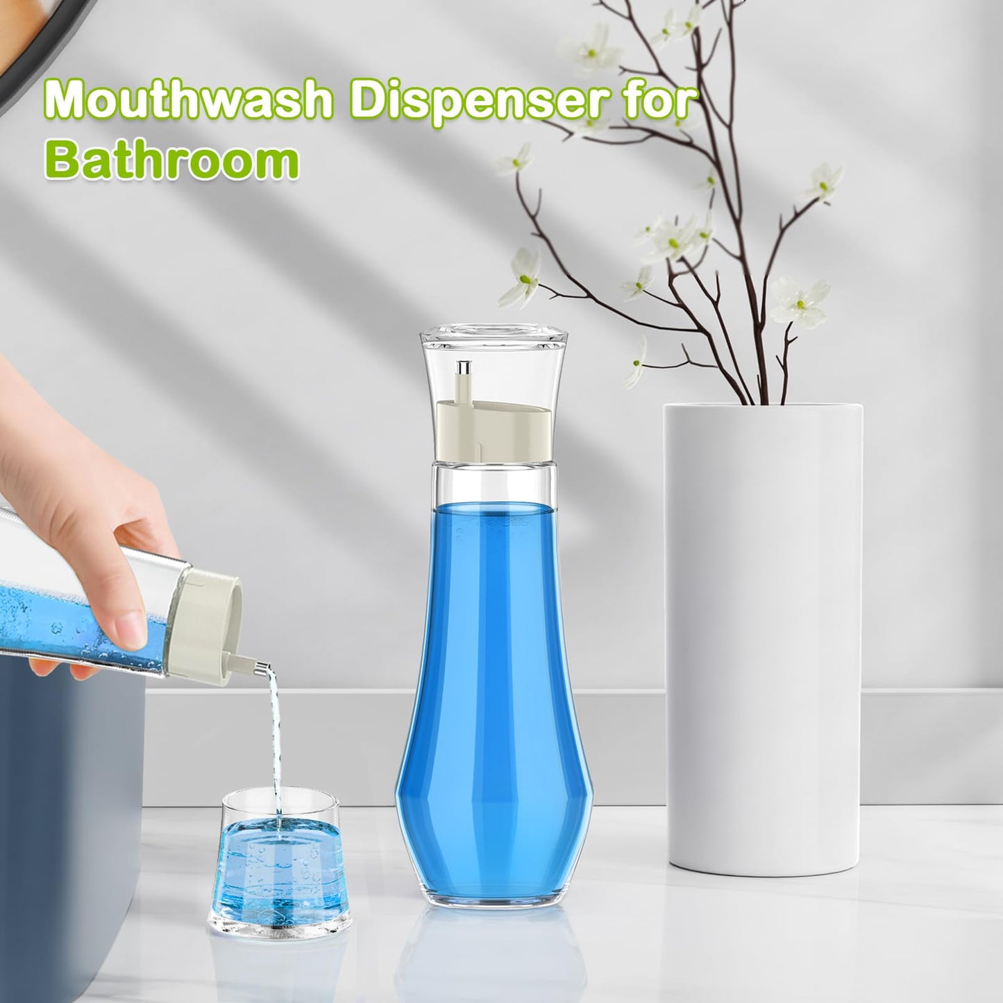 BTIFU Glass Mouthwash Dispenser for Bathroom, 8.8oz Refillable Mouth Wash Container Bottle with Lid Cup, Small Clear Mouthwash Dispensers Decanter for Countertop, Set of 2